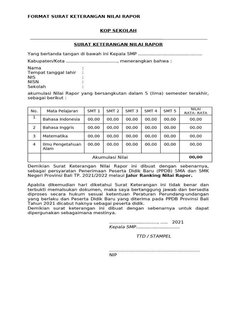 Surat Keterangan Nilai Rapor SMP | PDF