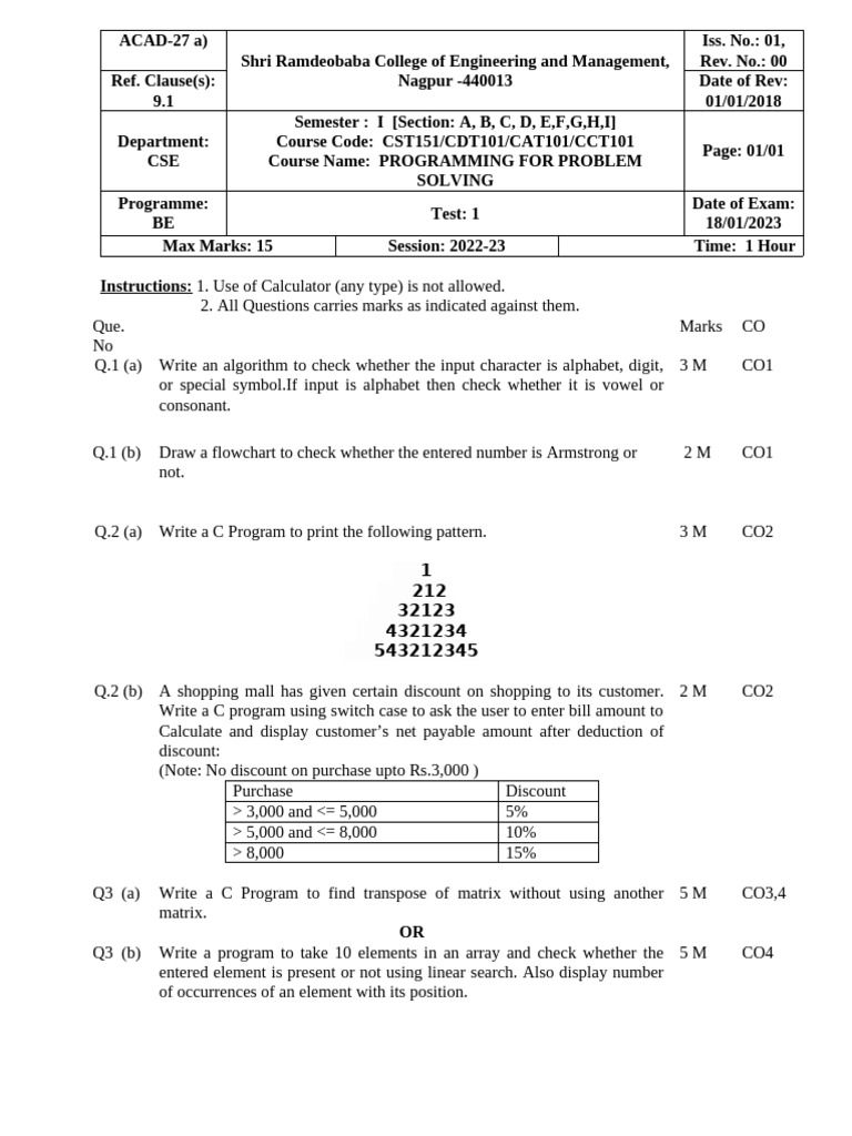 Test 1 - PPS - 2022-23-ODD-18JAN-23 | PDF | Algorithms And Data ...