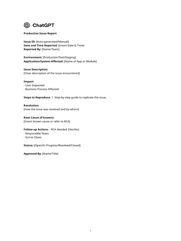 Production Issue Report Template | PDF