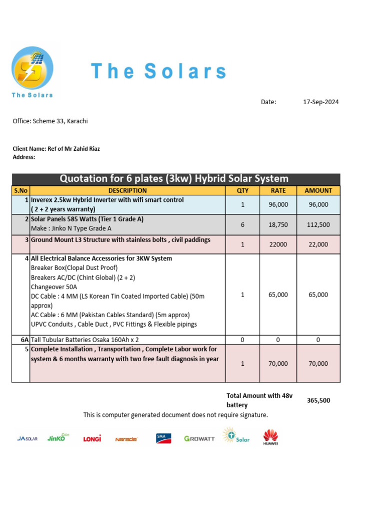 Quotation for 3kW Hybrid Solar System | PDF