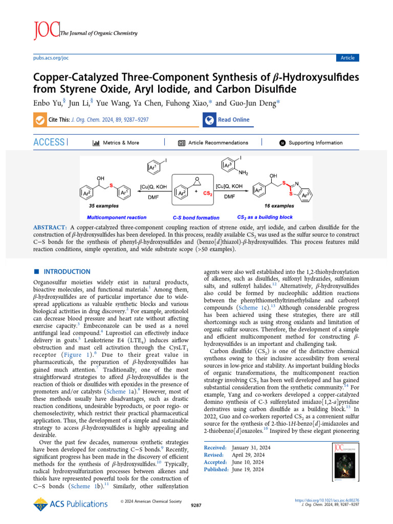 Copper Catalyzed Three Component Synthesis of β Hydroxysulfides From ...