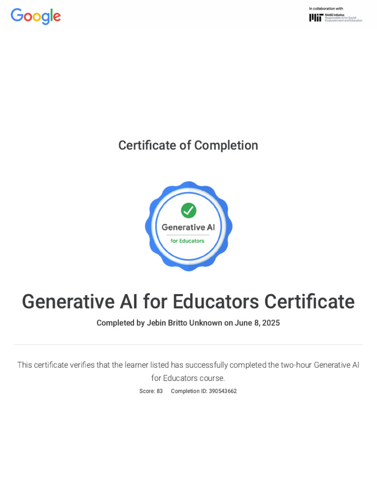 Generative AI For Educators Certificate - Google | PDF