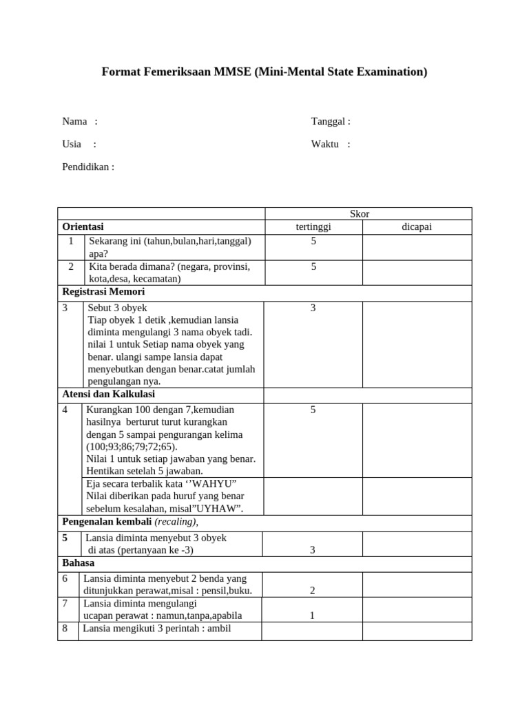 Format Kuesioner MMSE untuk Lansia | PDF