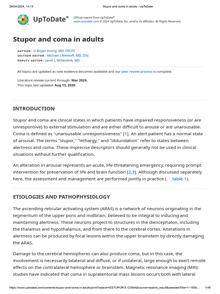 Stupor and Coma in Adults Overview | PDF | Coma | Anatomical Terms Of ...