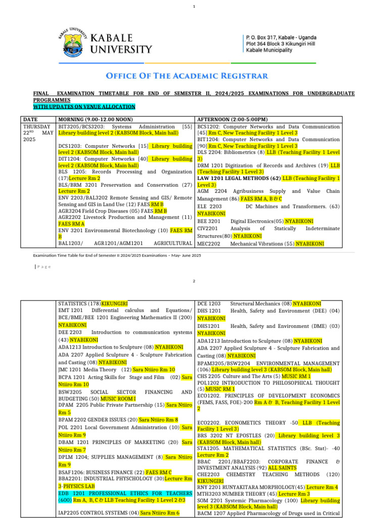 2024/2025 Semester II Exam Timetable | PDF