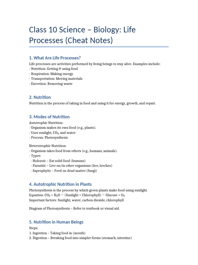 Life Processes Cheat Notes | PDF | Respiratory System | Nutrition