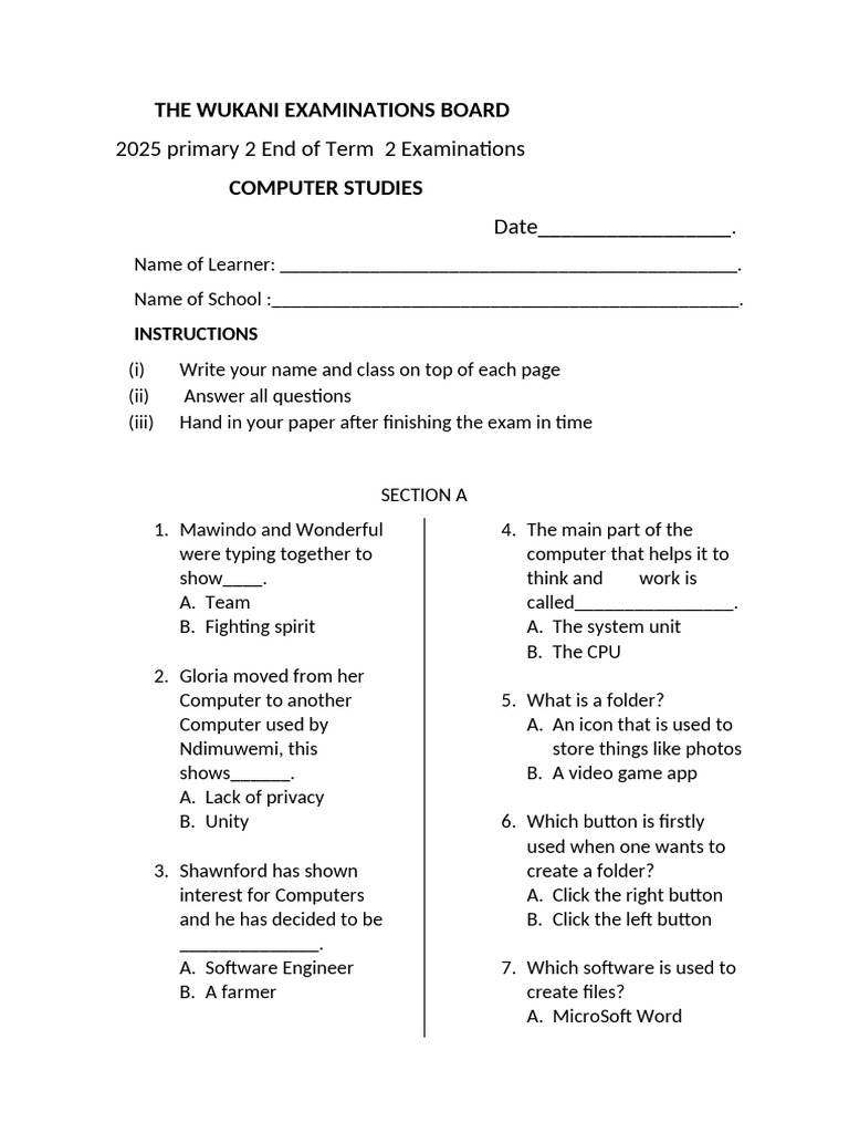 Primary 2 Computer Exam Questions | PDF | Graphical User Interfaces ...