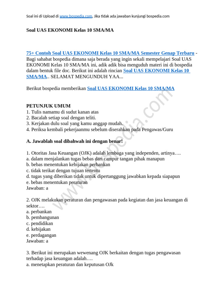 75+ Contoh Soal UAS EKONOMI Kelas 10 SMA MA Semester Genap | PDF