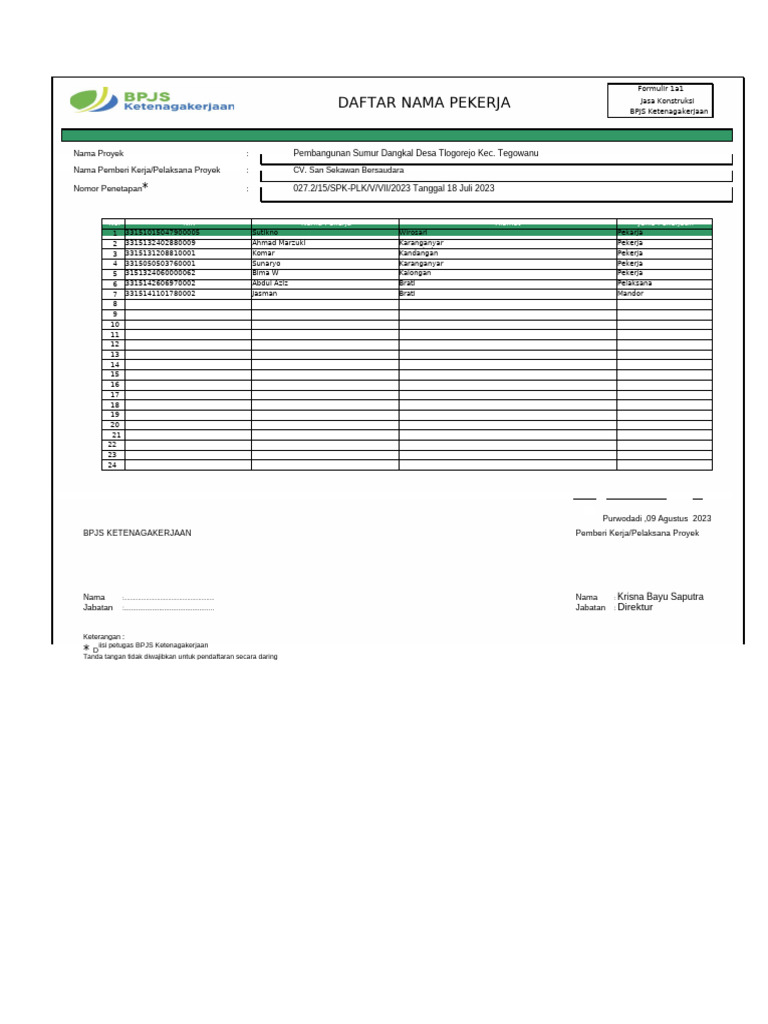 Formulir 1a1 Jasa Konstruksi BPJS Ketenagakerjaan Soft File | PDF