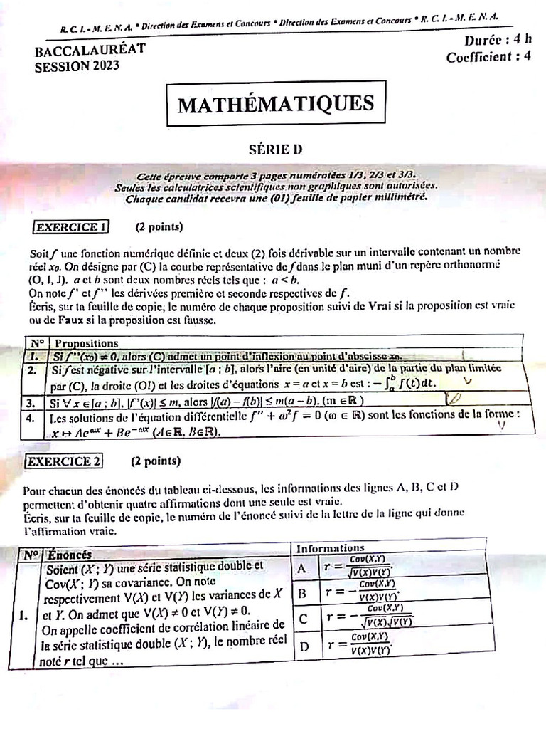 Math BAC D 2023 Côte D'ivoire | PDF