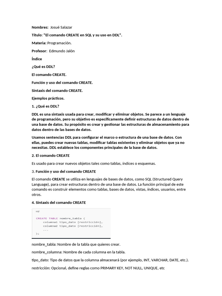 Uso del comando CREATE en SQL DDL | PDF | SQL | Bases de datos