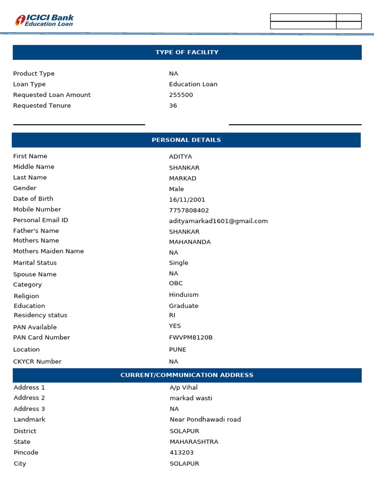 ICICI Education Loan Application Form | PDF | Mediation | Banks