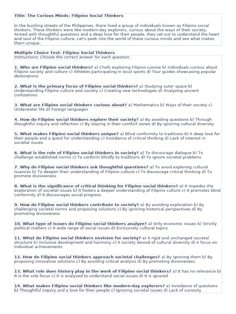 Filipino Social Thinkers Test | PDF | Critical Thinking | Society