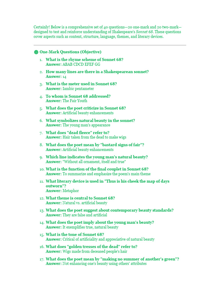 Short Ques Poem Spectatator | PDF | Poetry | Sonnets