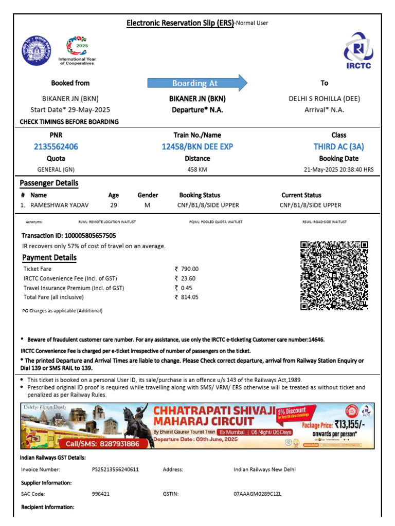 12458/BKN DEE EXP Third Ac (3A) | PDF | Identity Document | Payments