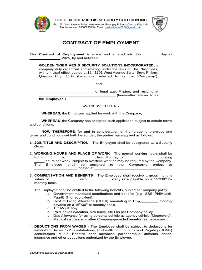 Employment Contract for Security Guard | PDF | Cost Of Living | Employment