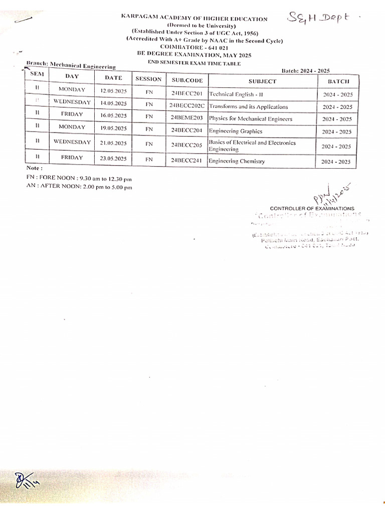 End Semester Exam Time Table May 2025 Pdf