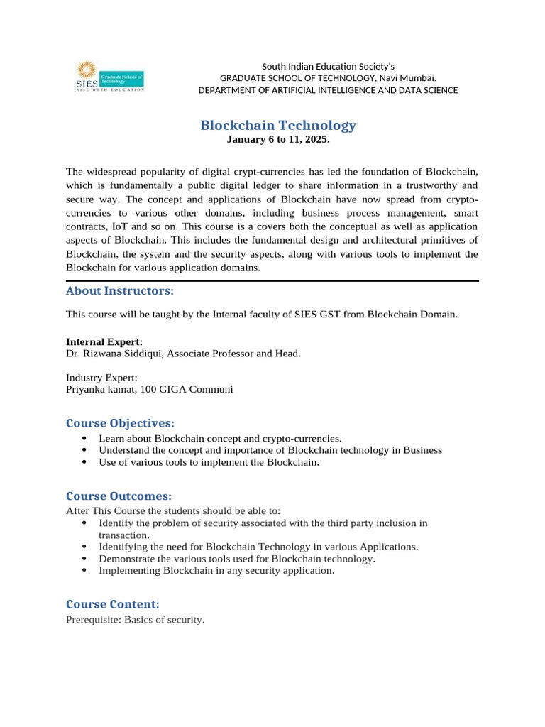 Blockchain Technology Course Overview | PDF | Cryptography | Cryptocurrency