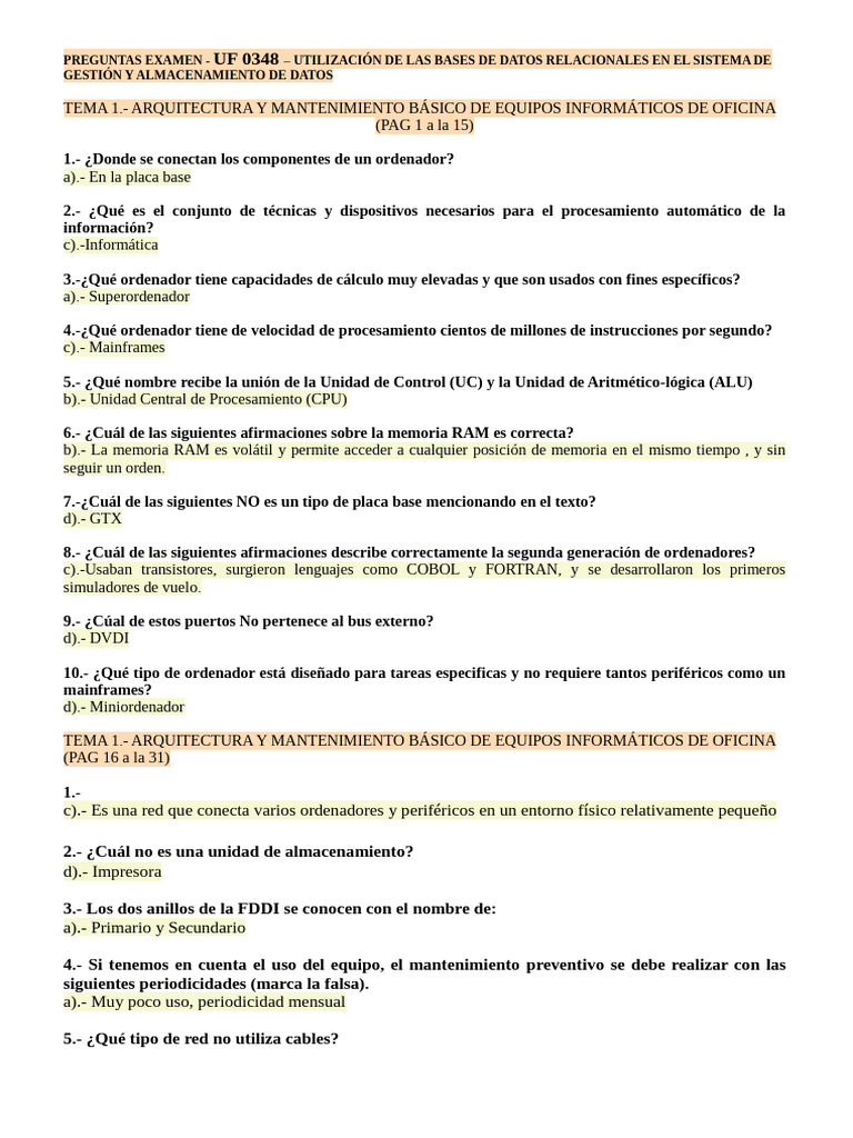 Preguntas Examen UF 0348: RAM y Hardware | PDF | Bases de datos ...