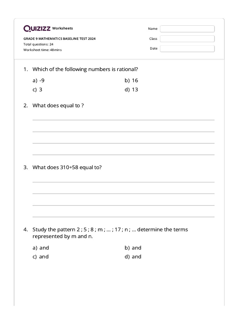 Grade 9 Math Baseline Test 2024 | PDF | Rational Number | Numbers