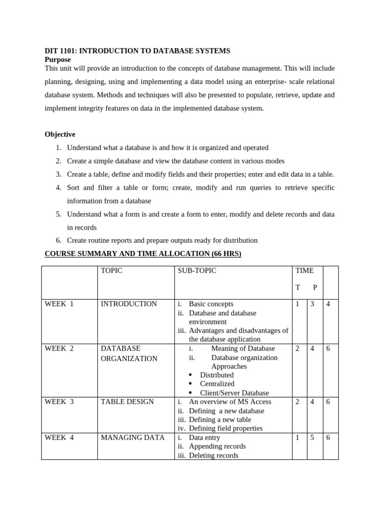 DIT1101 - Introduction To Database Systems Course Outline | PDF ...