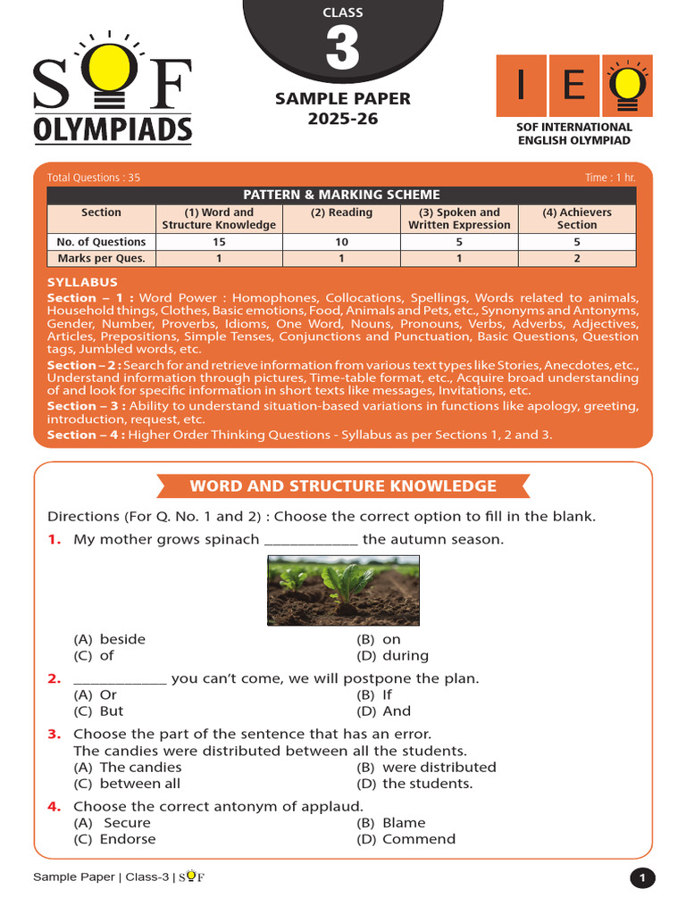 Class 3 English Olympiad Sample Paper | PDF | Word | English Language