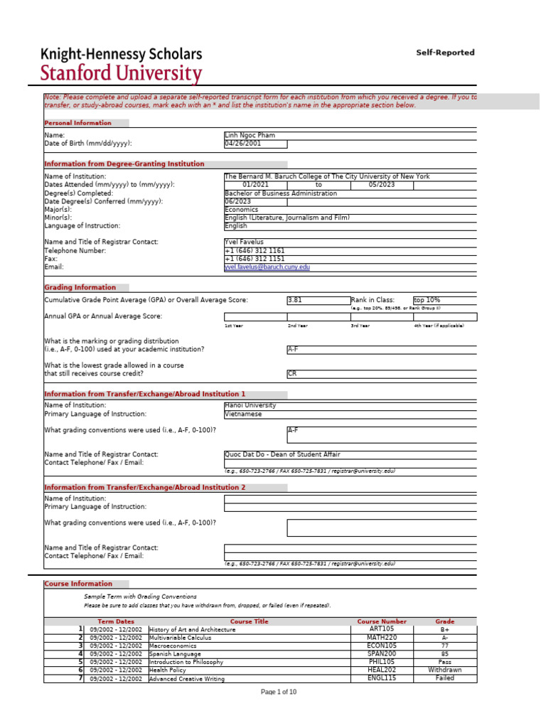 Bản Sao Self-Reported-Transcript 2 | PDF | Course Credit | Academia