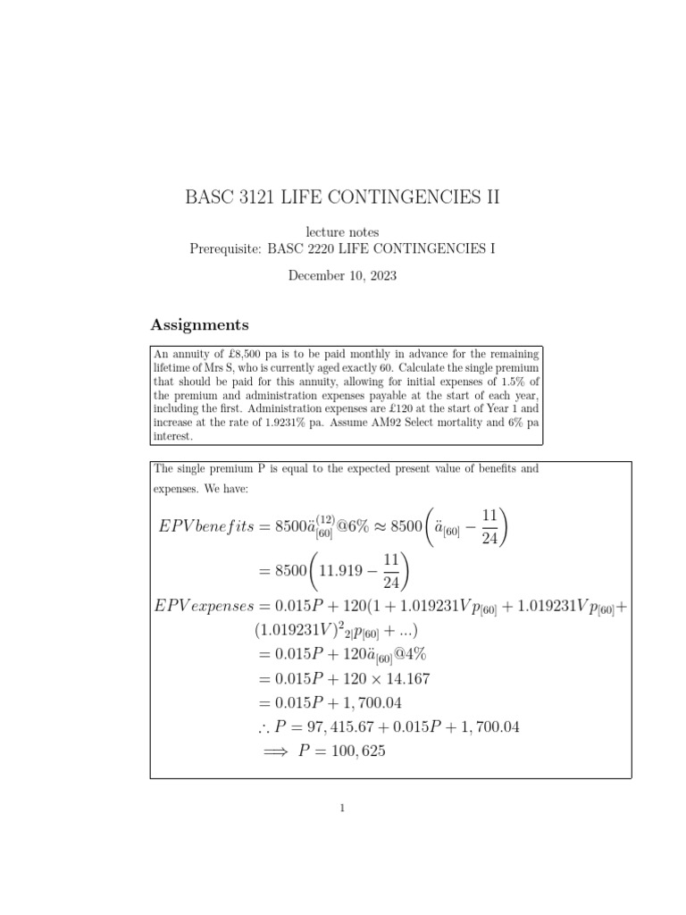 BASC 3121 LIFE CONTINGENCIES II Notes | PDF | Financial Risk ...