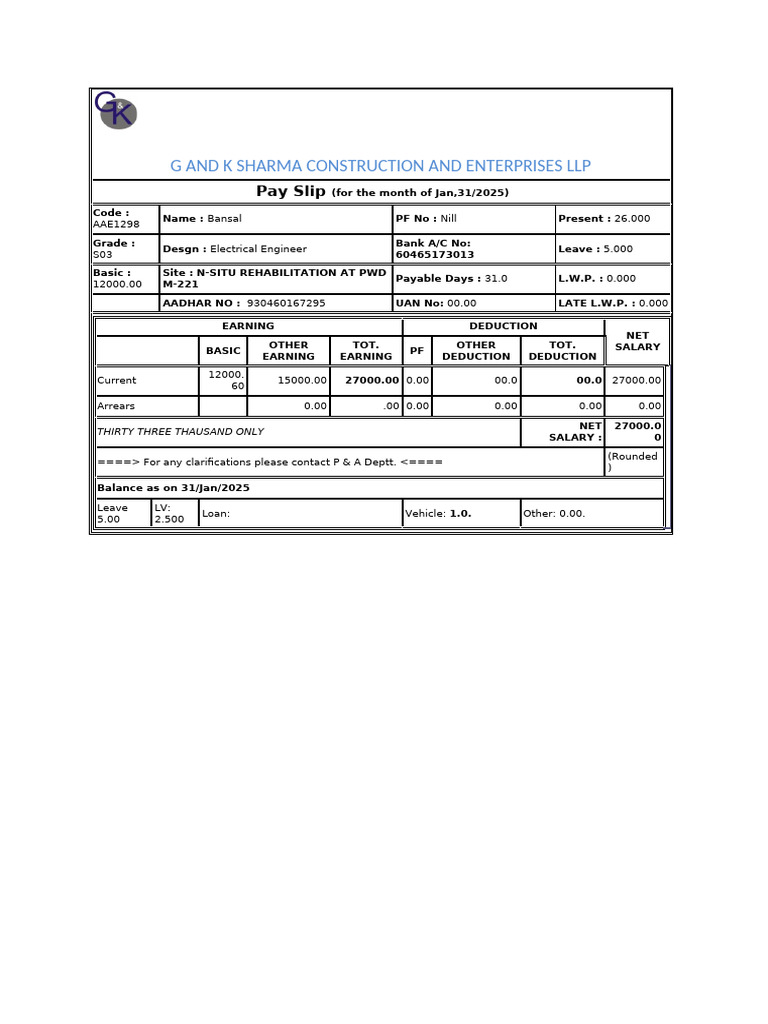 Salary Slip Summary for Bansal | PDF | Government Finances | Taxes