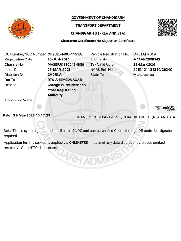 Chandigarh NOC for Vehicle Transfer | PDF