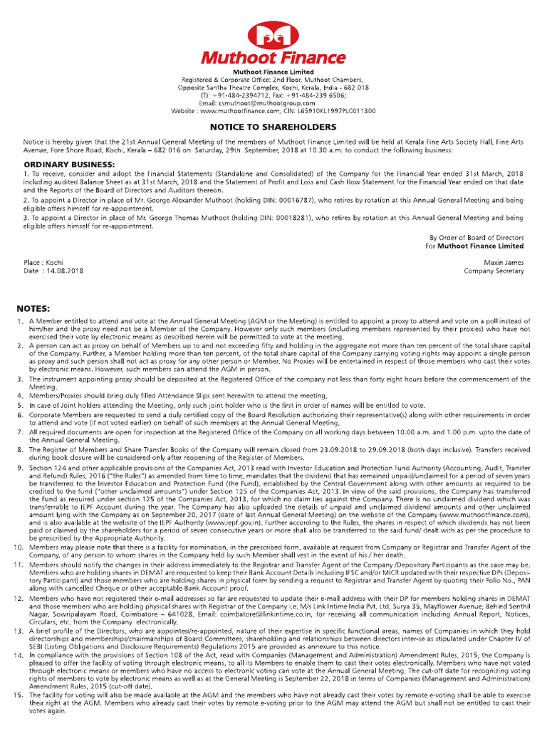 MFIN - AGM Notice+Proxy - 2017-18 | PDF