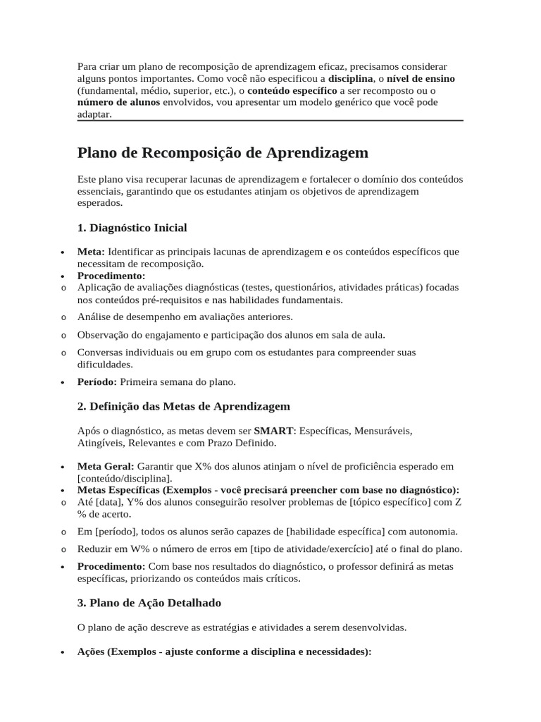 Plano de Ação para Recomposição de Aprendizagem | PDF | Aprendizado ...
