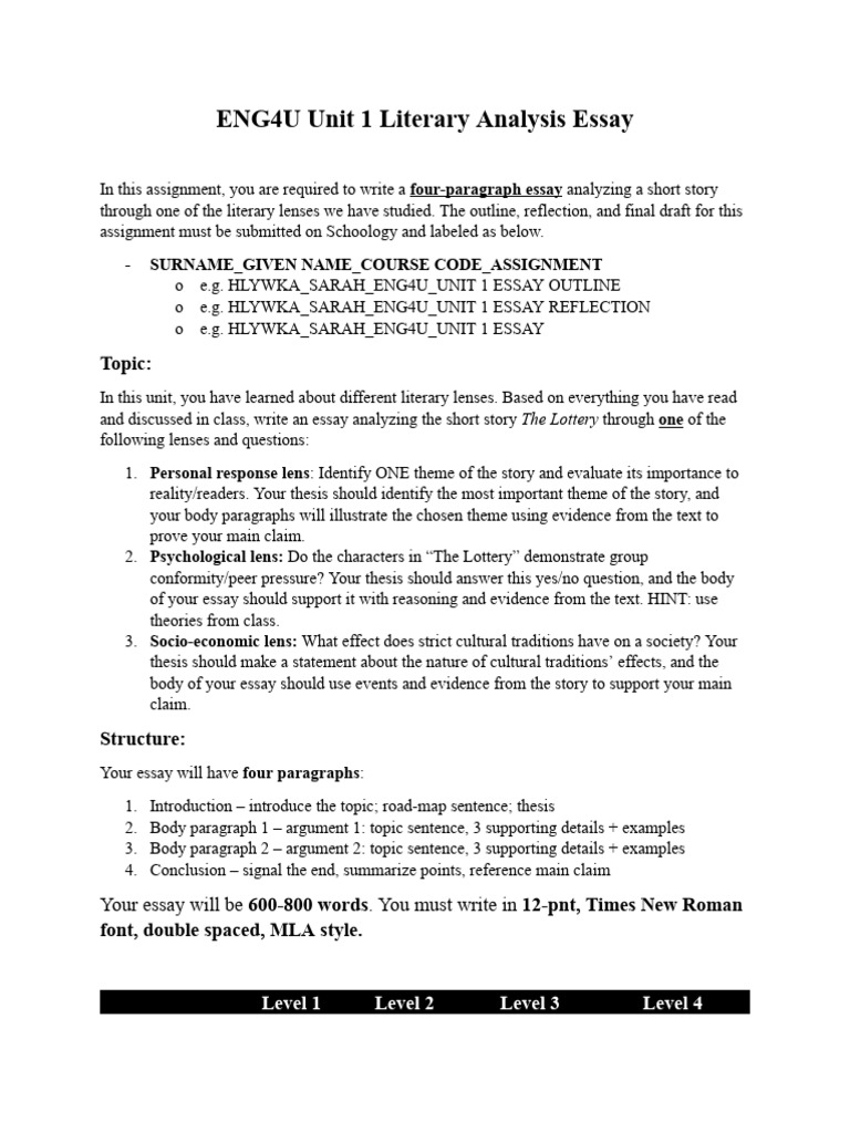 ENG4U UNIT+1+ESSAY+Lottery | PDF | Essays | English Language