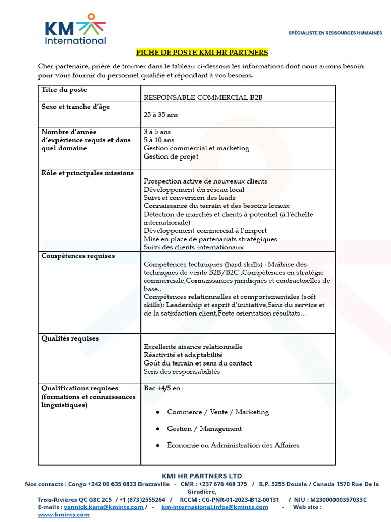 Fiche de Poste : Responsable Commercial B2B | PDF | Commercialisation ...