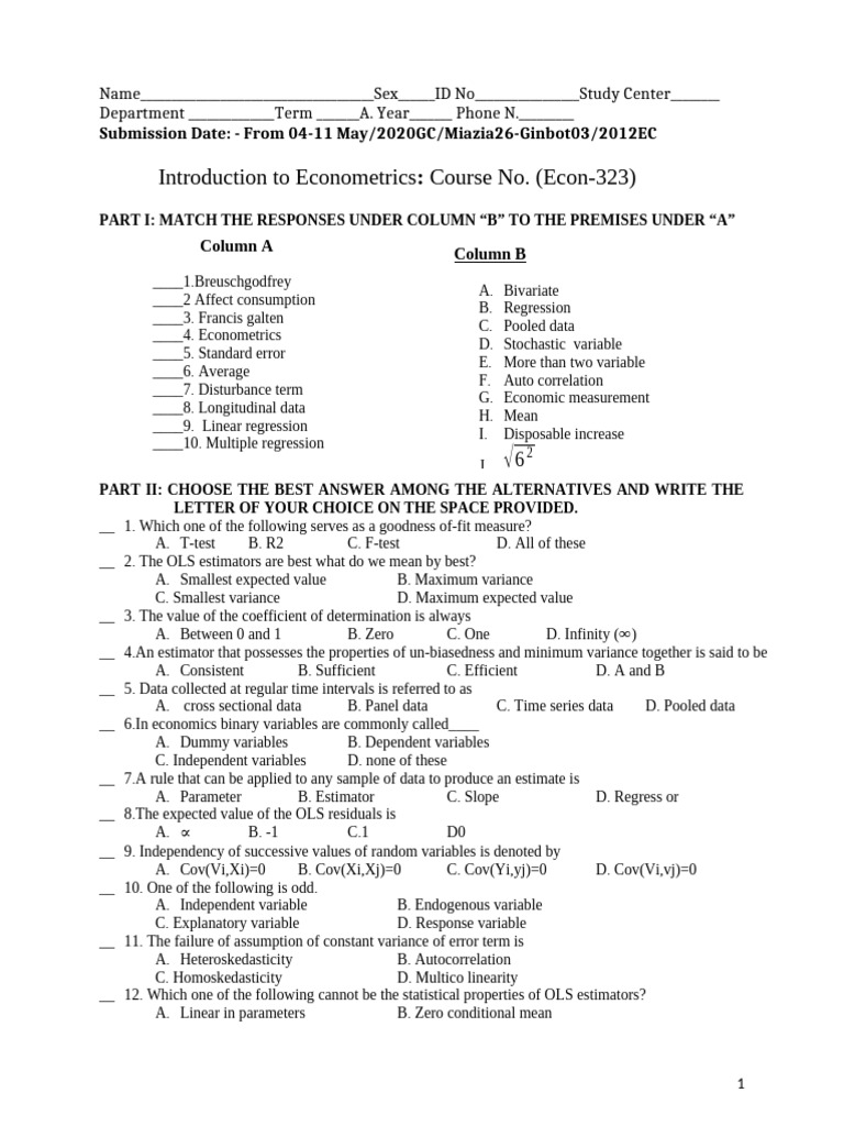 Econometrics Course Exam Questions | PDF | Ordinary Least Squares ...