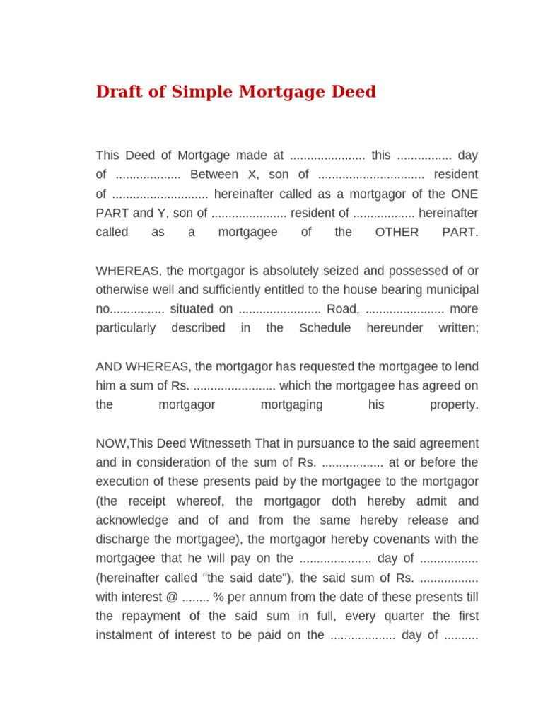 Simple Mortgage Deed Draft Template | PDF | Mortgage Law | Mortgages