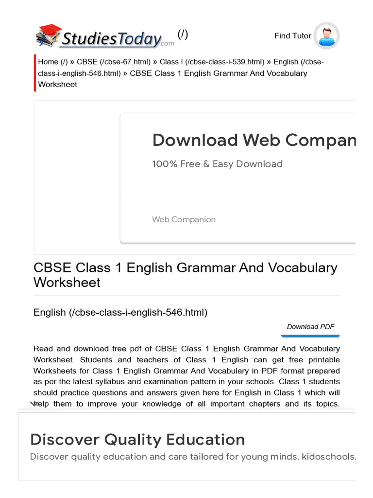 Class 1 English Grammar Worksheets | PDF | Multiple Choice | English ...