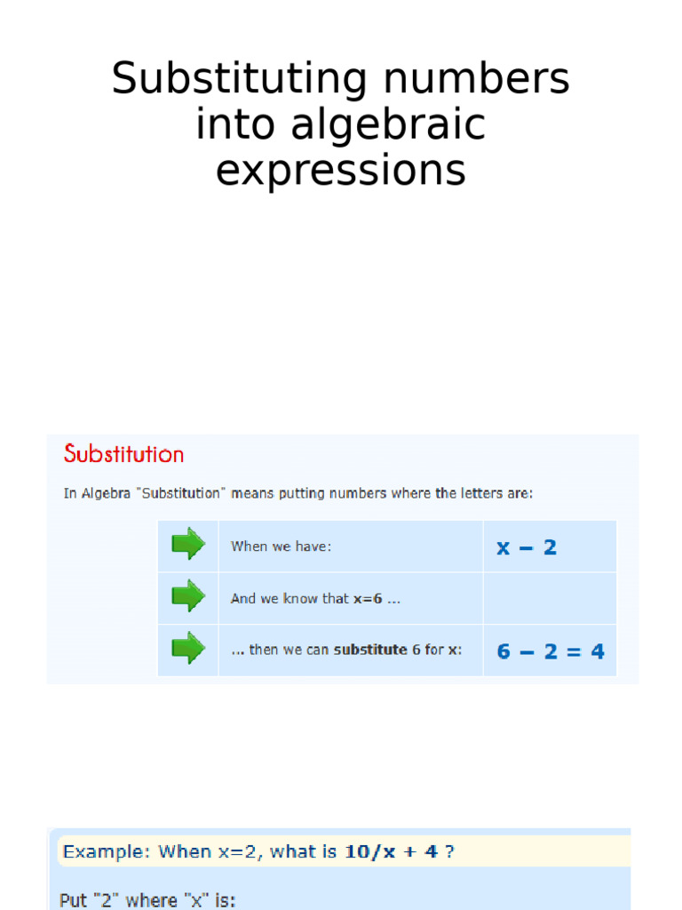 Substituting Numbers Into Algebraic Expressions | PDF