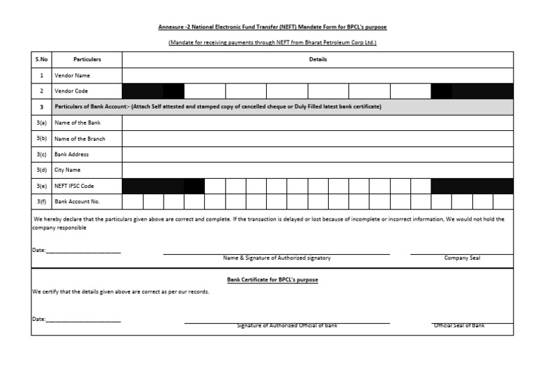 NEFT Mandate Form for BPCL Payments | PDF