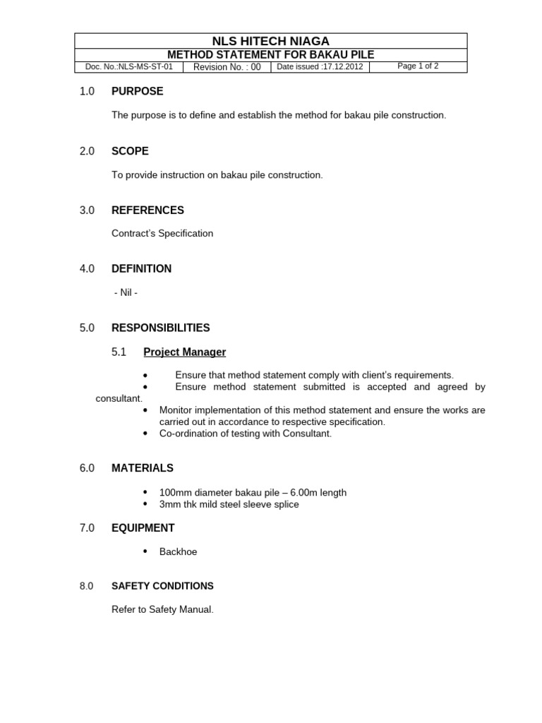Bakau Pile Construction Method Statement | PDF | Deep Foundation