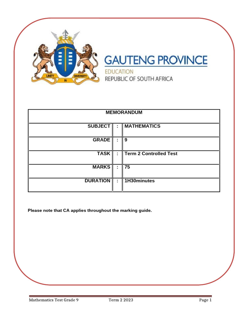 Grade 9 Term 2 Test Memo | PDF | Mathematics | Applied Mathematics