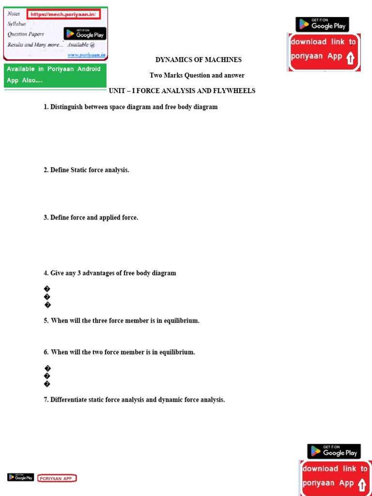 ME3491 Theory of Machines Reg 2021 Important Questions 1 | PDF | Force ...