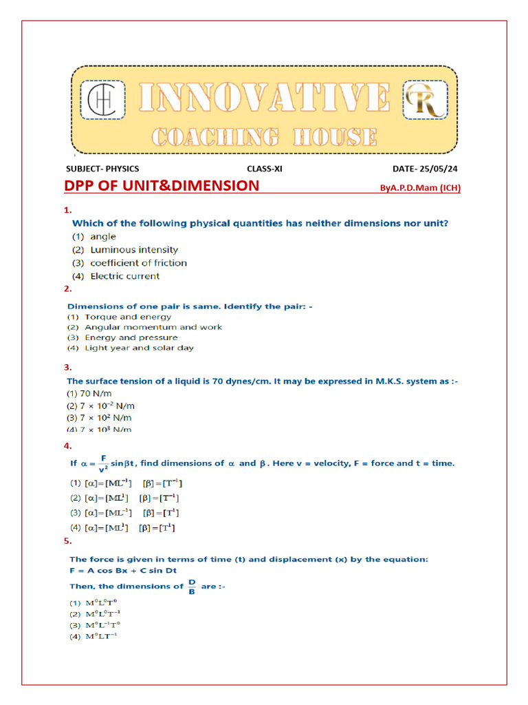 Physics DPP: Unit & Dimension Guide | PDF