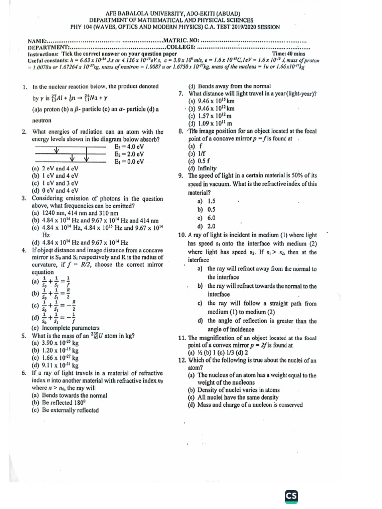 2019 - 20 Phy 104 Exam | PDF