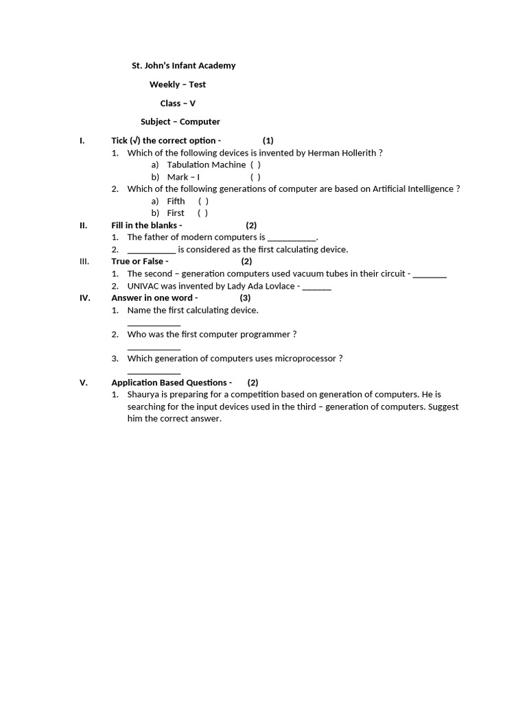 Class 5 Computer Test: Chapter 1 Q&A | PDF