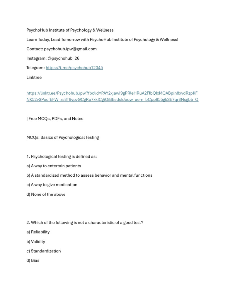 Psychological Testing MCQs and Answers | PDF | Psychological Testing ...