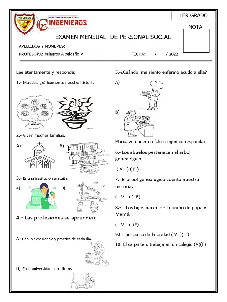 Examen Mensual de Personal Social 1er Grado | PDF