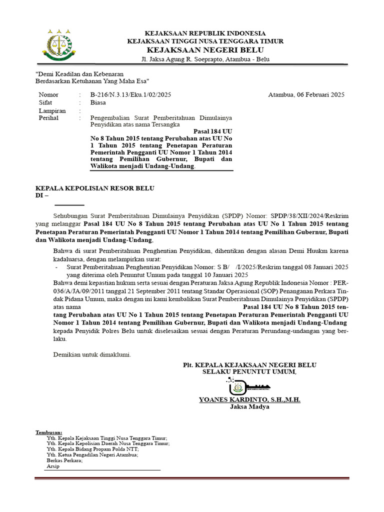Pengembalian SPDP oleh Jaksa Belu | PDF