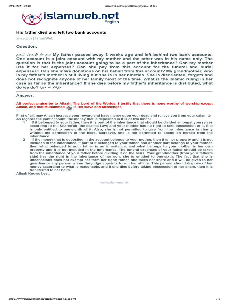 Islamic Inheritance Rules for Bank Accounts | PDF | Inheritance ...
