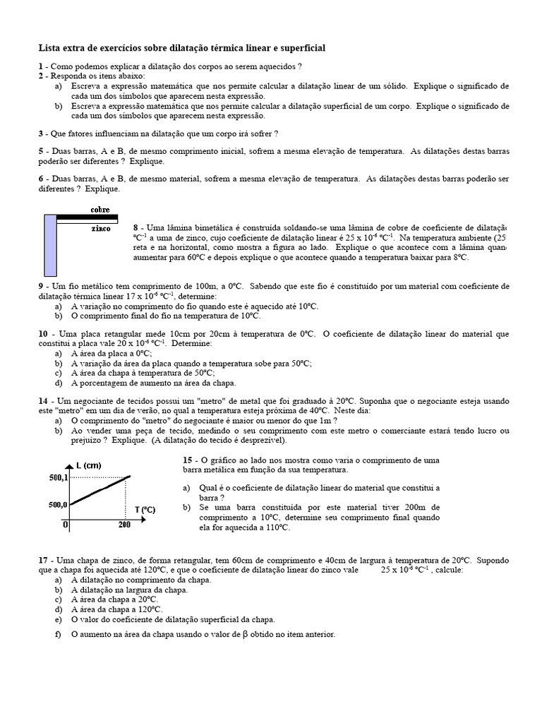 Exercícios sobre Dilatação Térmica | PDF | Expansão térmica | Fenômenos ...